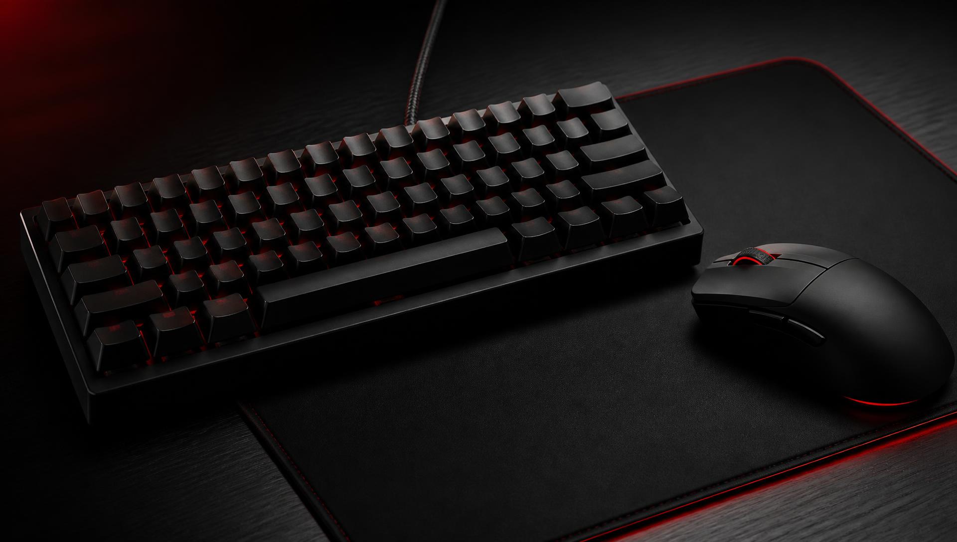 A black gaming keyboard and mouse arranged together on a dark desk with subtle accent lighting