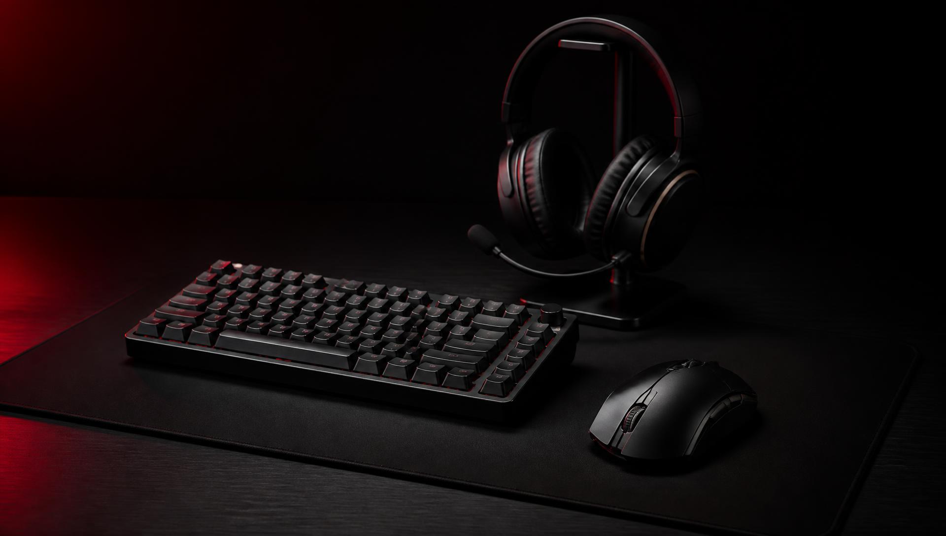 A coordinated keyboard, mouse, headset, and mousepad arranged as a premium dark gaming setup
