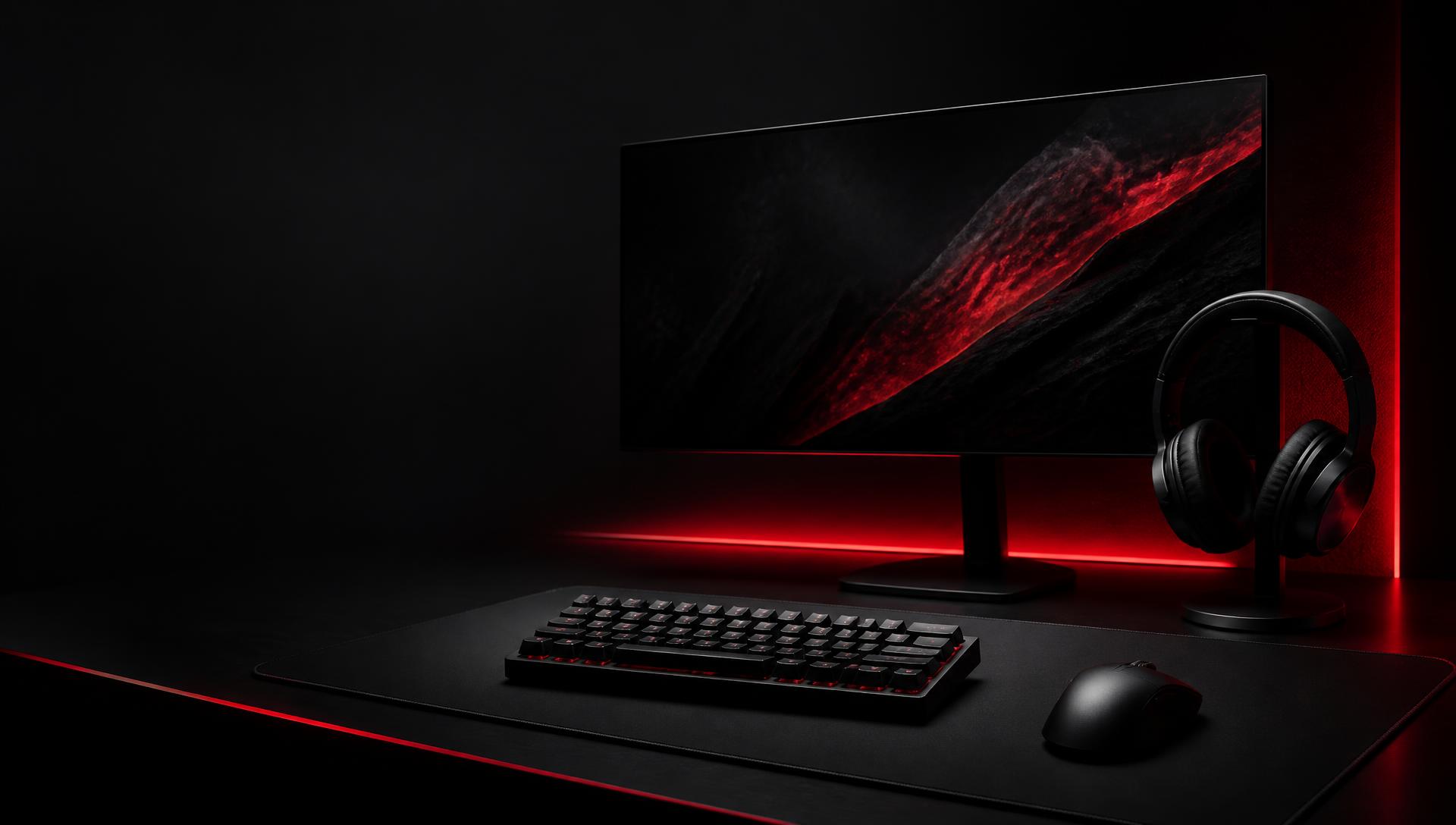 Complete TitanRyft gaming setup with monitor, keyboard, mouse, headset, and mousepad